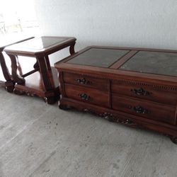 Set of 3 Solid Wood Side Tables with Marble Tops. The coffee table has 8 drawers in total.