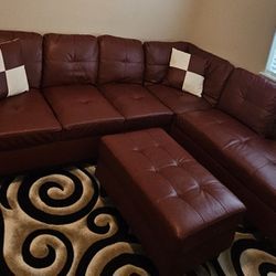 Leather Sectional Couch With Ottoman & Pillows 