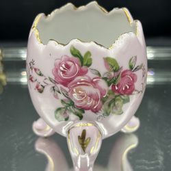 Vintage Napco Pink Porcelain Cracked Egg Vase with Floral Design
