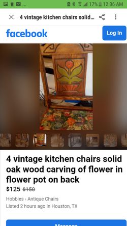 Antique Solid Oak Kitchen Chairs w unique Flower Carved in back