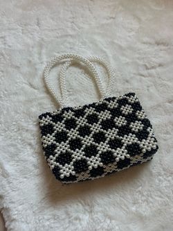 Handmade Black & White Beaded Handbag – Checkered Statement Purse
