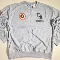 NWOT  Captain America  Marvel Comics  Brooklyn NY 1941  All Over Print  Heather Light Blue  Sweatshirt Pullover Crewneck  Unisex  Size Large
