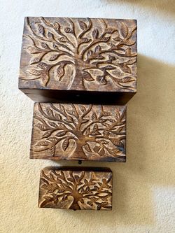 Hand-Carved Wooden Box with Tree Design