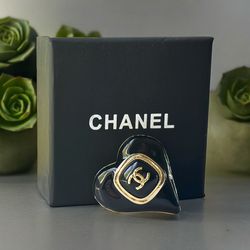Chanel Gold plated Double C black Heart Brooch pin Authentic