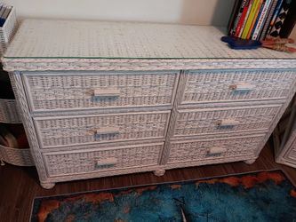 Wicker Double Drawer Dresser With Glass Top
