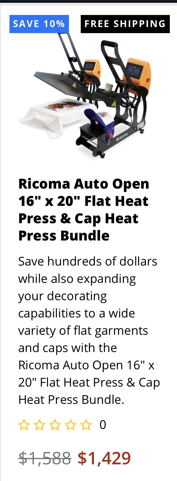 Ricoma Auto Open 16 x 20 Flat Heat Press & Cap Heat Press Bundle