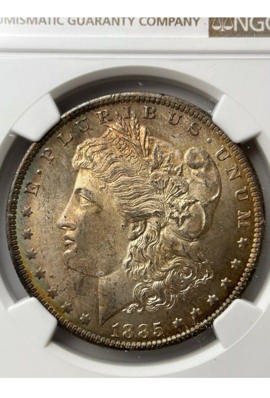 Rare TONICS Golden COLOR Cover ON Silver US1885 O Morgan Silver One Dollar NGC Unc Details