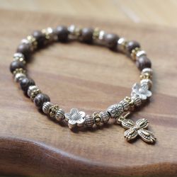 Rosary Bracelet, Natural Wooden beads, Gold and Silver Plated beads, All sizes
