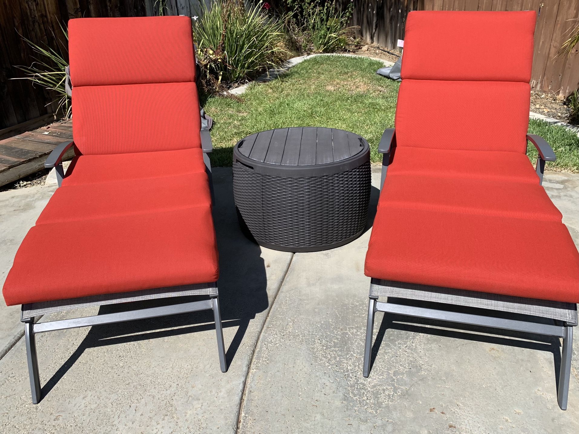 Like New Condition! Set of 2 Outdoor Chaise Lounge Chairs, Sunbrella Cushions, & Ravenna Covers.