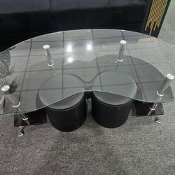 Brand New Brown Glass Coffee Table With 2 Stools