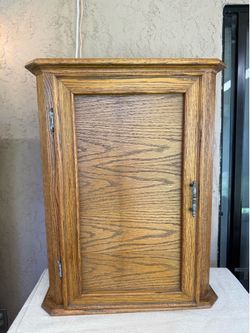 Vintage Oak Wall Cabinet with Key Hooks