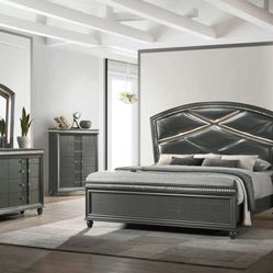 Brand New Dark Gray LED Queen Bedframe + Dresser + Mirror + Nightstand 4PCs Bedroom Set