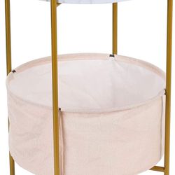Round Storage Side Table, 2-Tier End Table with Fabric Basket Gold Metal Frame, 16'' Faux Marble Top Nightstand Bedside Tables for Nursery Kids Living