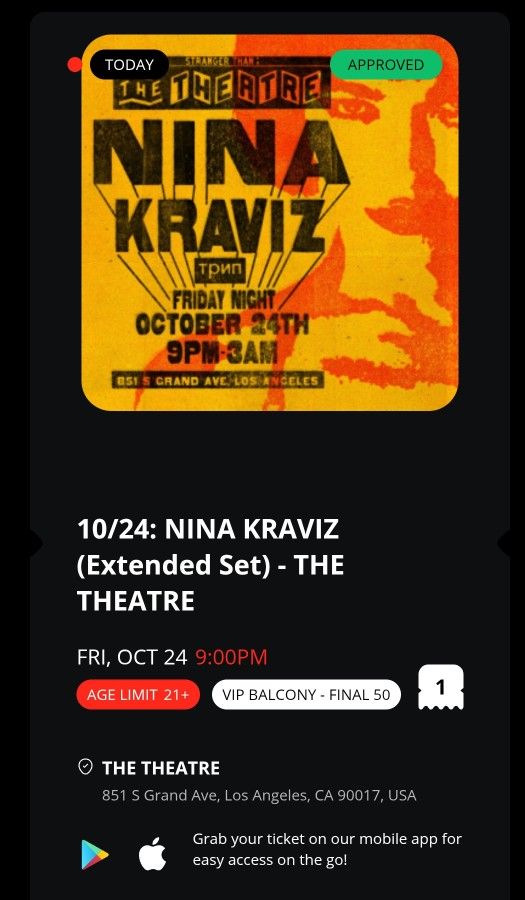 1xVIP Balcony Ticket NINA KRAVIZ 10/24