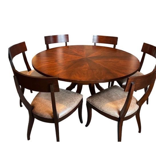 Ethan Allen round dining room table and 8 brown leather chair set.