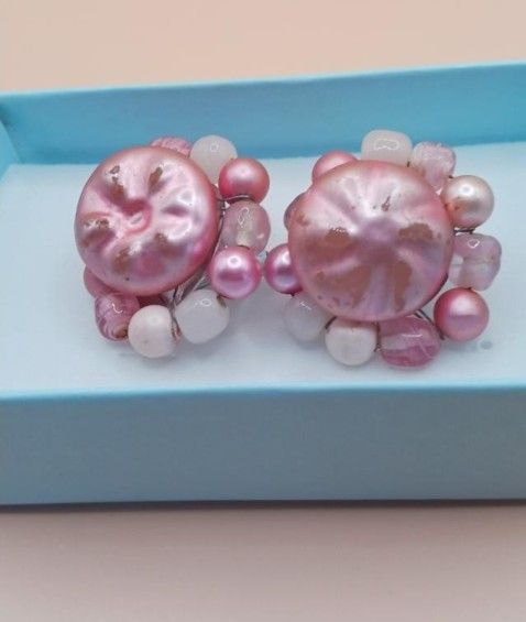 Pink Beaded ClipOn Earrings, Japan