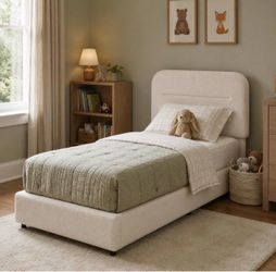 Twin Bed Frame, Cream Boucle Upholstered Platform Bed Low profile design with Adjustable Headboard, Rounded Corners, Soft Cloud Like, Solid Wood Slat 
