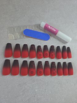 Red Black Ombre Long Oval Square Tip Nail Kit