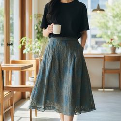 Coldwater Creek Gothic Grunge Gypsy Midi Skirt - Teal Base Brown Lace Overlay Side Zipper - Petite M - like new