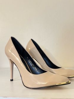 Nude  Stiletto Pumps with Gold Toe Cap 9