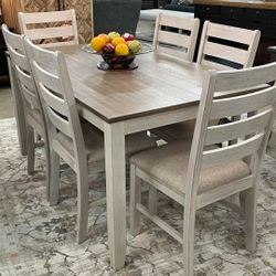 Skempton White/Light Brown Dining Table and Chairs (Set of 7) 