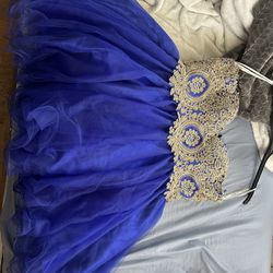 blue with gold quince dress 