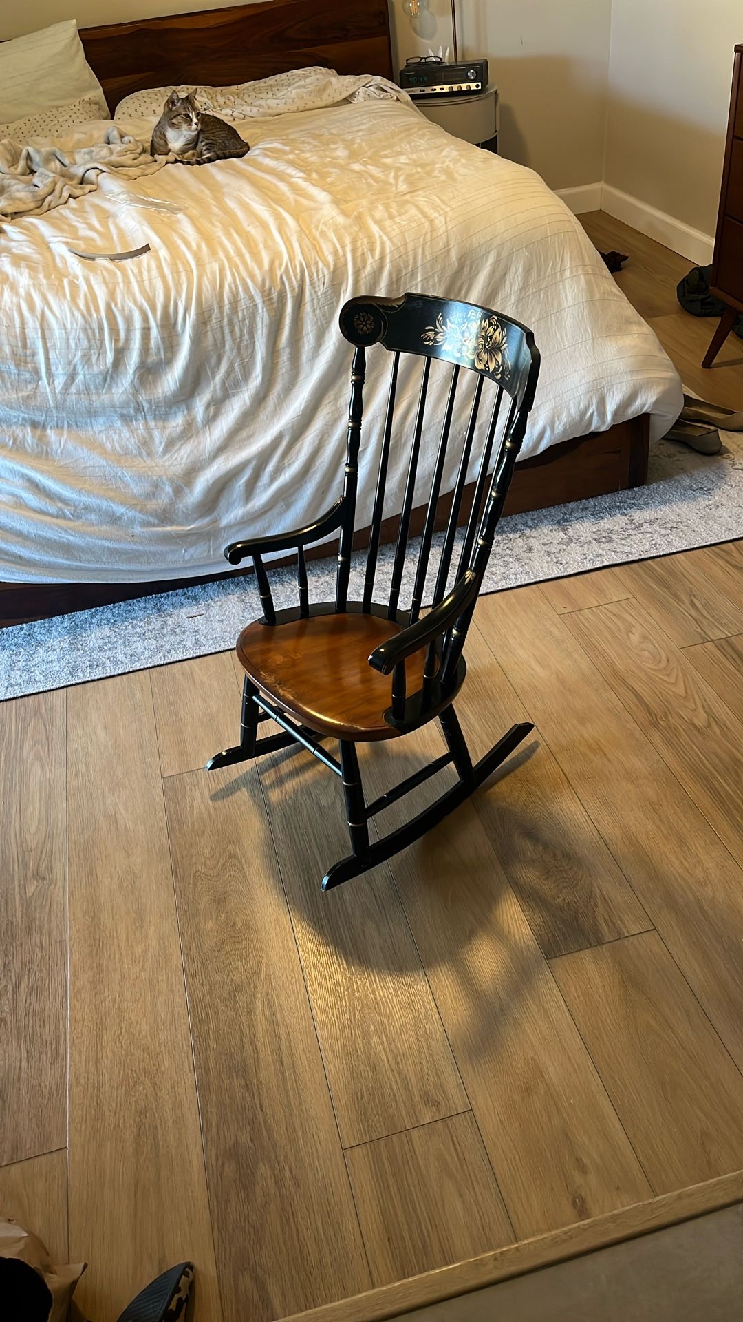 Vintage Solid Maple L. Hitchcock Black Rocker, Stenciled Rocking Chair Child