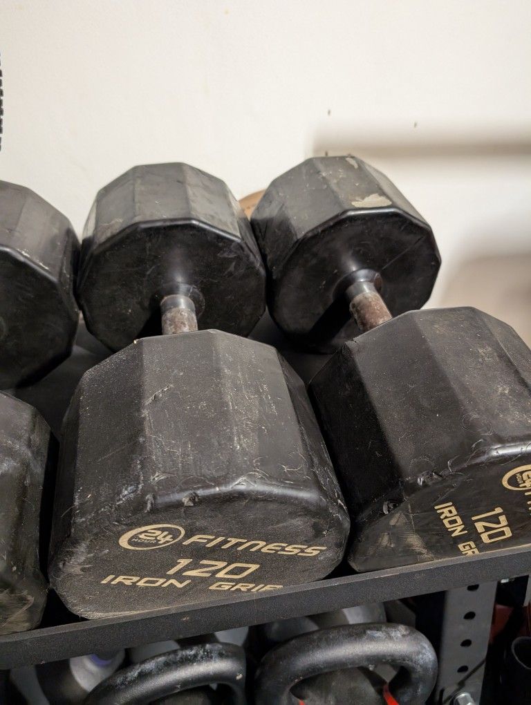 Set Of 120lb Rubber Hex Dumbbells