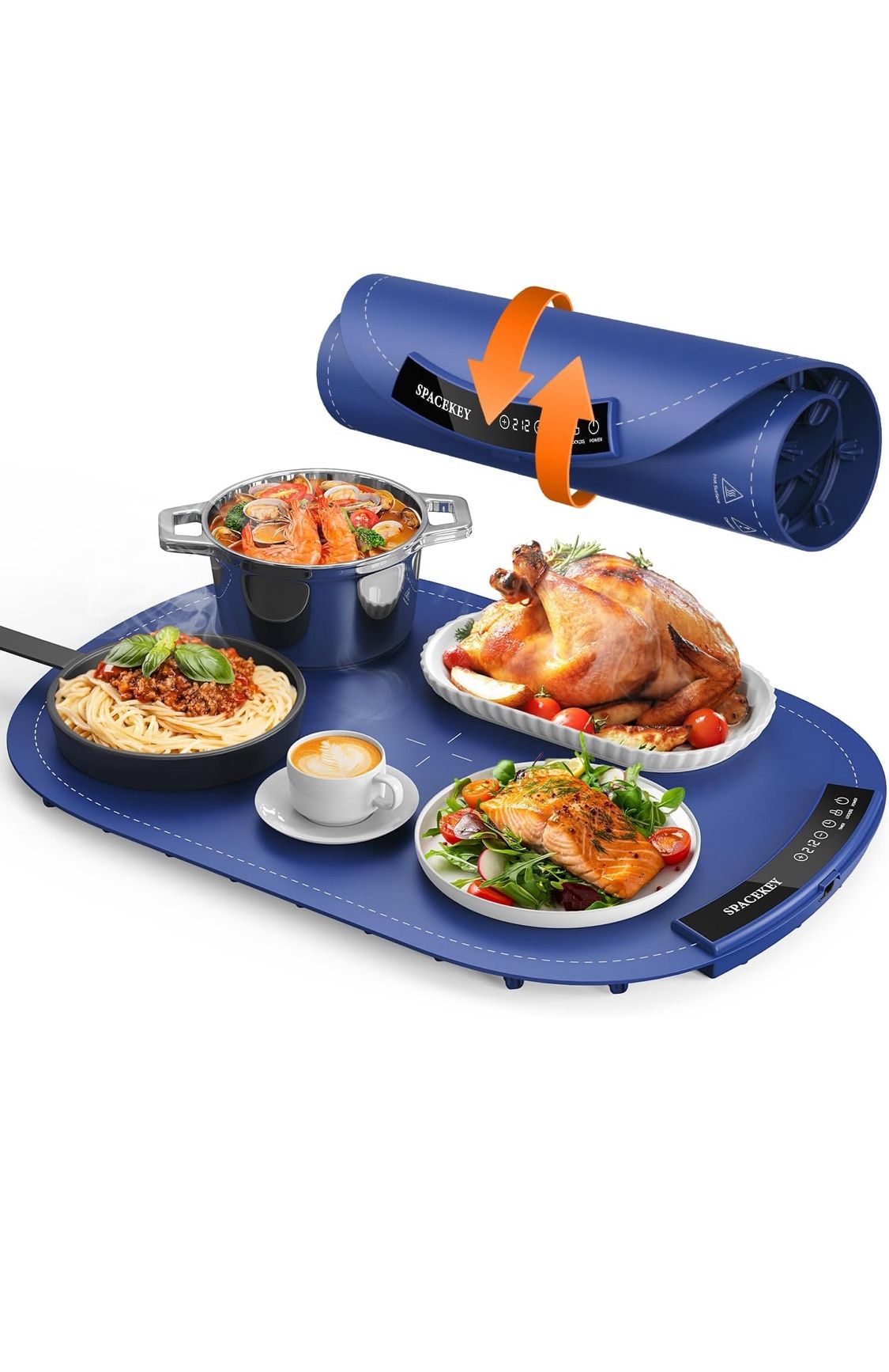 Warming Mat for Food - Roll Up Silicone Electric Warming Tray Full Surface Even Heating with 7 Temp Setting, 4 Hours Auto-Off, Raised Feet Protects Co