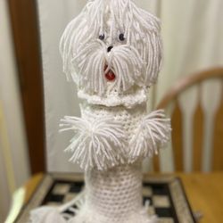 Handmade bottle cover in the shape of a dog in white. Sale without a bottle. Kitchen decoration