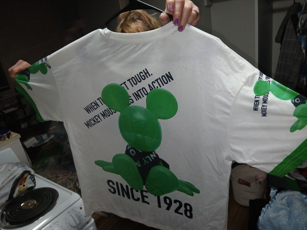 White Shirt with a green rhinestone Mickey Mouse graphic