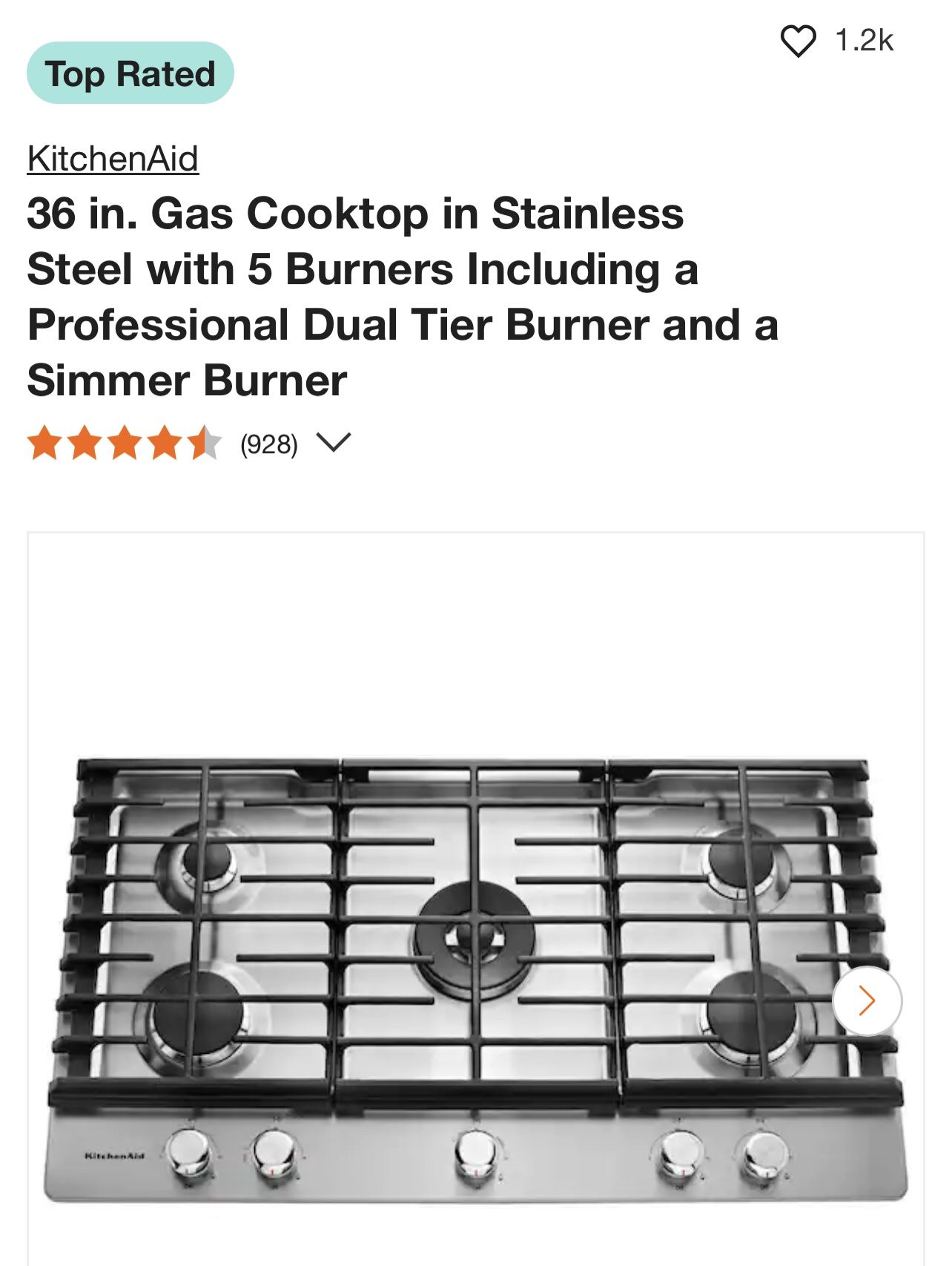 Gas Cooktop in Stainless Steel with 5 Burners Including a Professional Dual Tier Burner and a Simmer Burner 36”