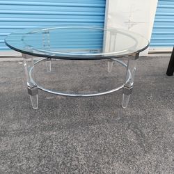 Modern Round Glass Coffee Table w/ Beveled Edge & Lucite Base