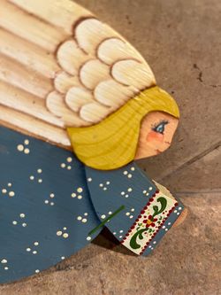 Vintage Folk Art Handcrafted Painted Wooden Angel with Hook for Hanging