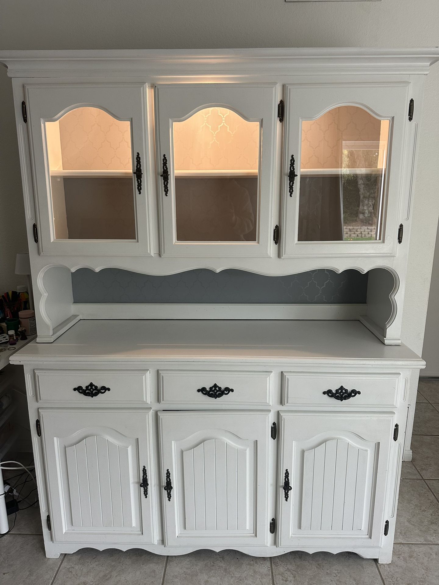 Gently Used White Vintage Hutch – Lighted Display, Two Pieces
