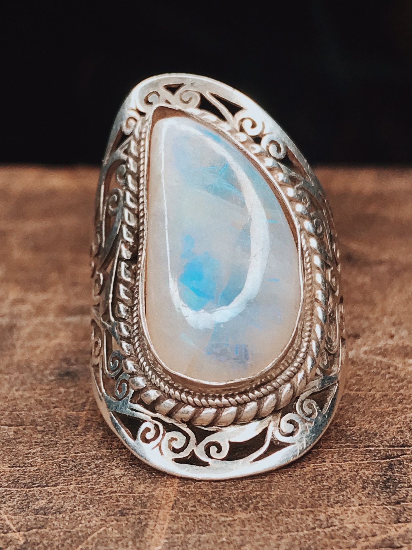 Moonstone Sterling Silver Filigree Knuckle Large Ring