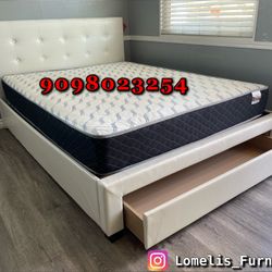 Queen White Tufted Platform Bed w. Drawer & Orthopedic Mattress Included 