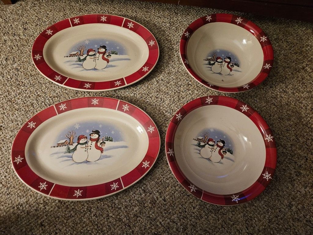 Christmas Red White Snowman Platters And Bowls