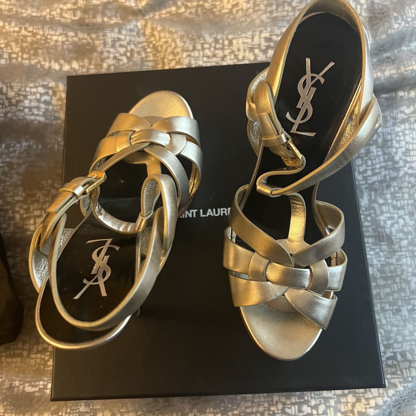YSL Platform High Heel Sandals in Gold Metallic