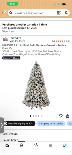 HOMCOM 7.5 ft Artificial Prelit Christmas Tree with Realistic Fraser Fir 500 UL Listed Clear Lights, 1530 Tips, Full Snow Flocked Christmas Tree, Hing