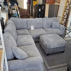 New Gray Corduroy 4 Piece Comfy Sofa Couch With Ottoman 