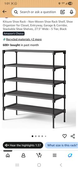Shoe Rack -Non-Woven Shoe Rack Shelf, Shoe Organizer for Closet, Entryway, Garage & Corridor, Stackable Shoe Shelves, 27.5" Wide - 5 Tier, Black