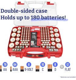 Battery Organizer Storage Case with Tester, Holds 180 Batteries, Clear Hinged Cover, Locking Lid