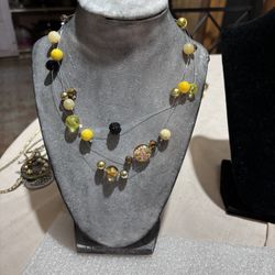 Yellow Glass Beads And Multistrand Necklace Made By Tkays