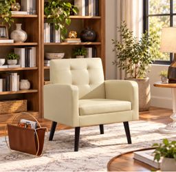 Accent Chair Cream Tufted Accent Armchair with Wood Legs