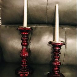 New!! Pair Of Glass Cranberry Candlesticks W/ Two Silver Sparkly  Tapers!