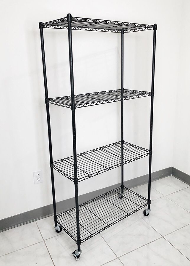 New in box $50 Metal 4-Shelf Shelving Storage Unit Wire Organizer Rack Adjustable w/ Wheel Casters 30x14x61”