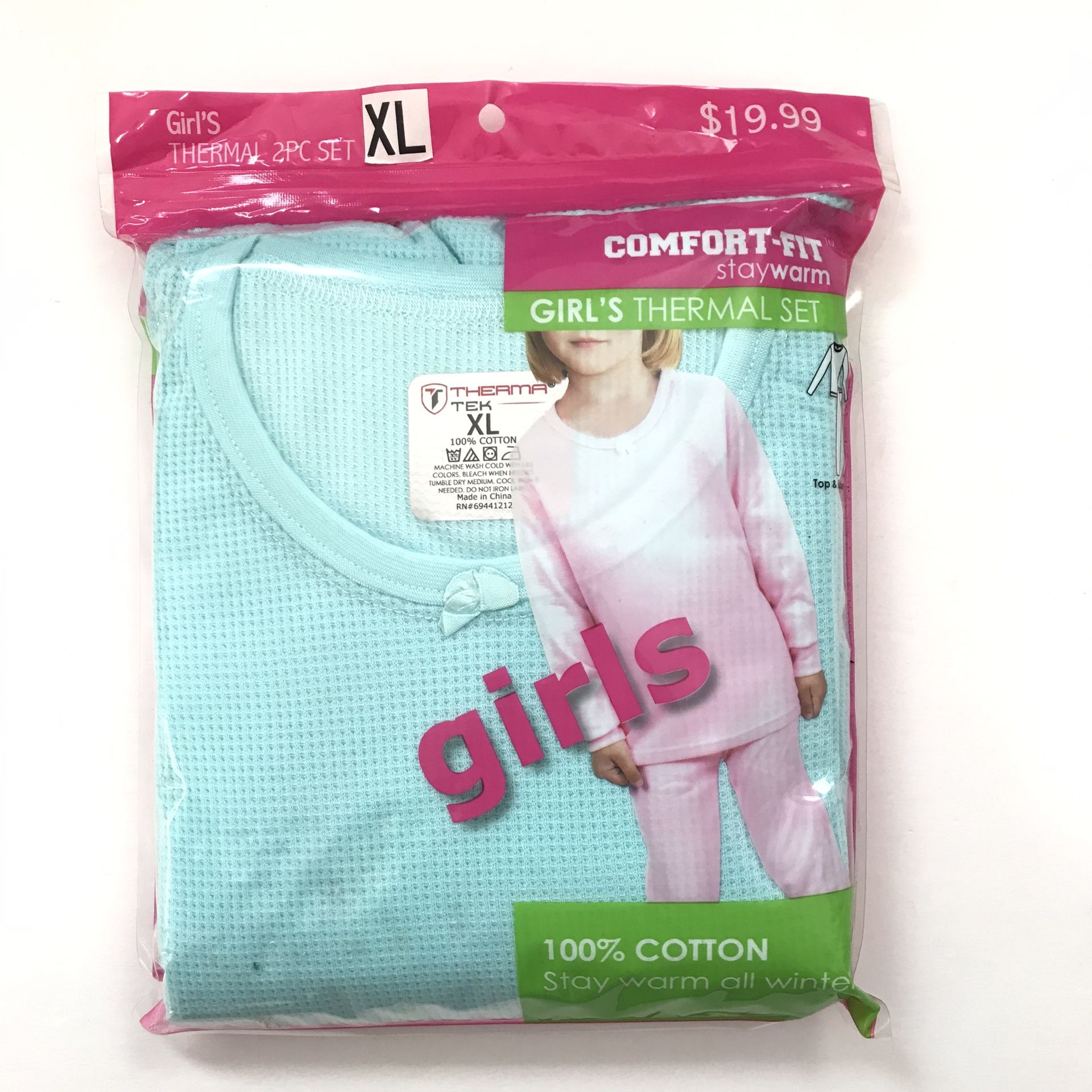 Girls Winter Warm Cotton Thermal 2 PCS Set Top+ Pants, Teal Blue, XL