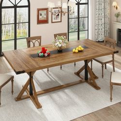 79" Natural Wood Color Farmhouse Dining Table for 8-10 People, Rectangular Wood Dining Table with Wood Strip Base, Long Kitchen Table for Dining Room,