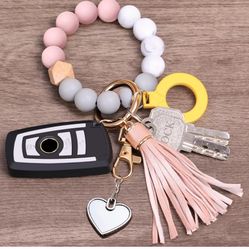 Keychain Bracelet Wristlet, Silicone Beaded Key Ring Bracelet with Card Wallet, Elastic Keyring Bangle for Womens